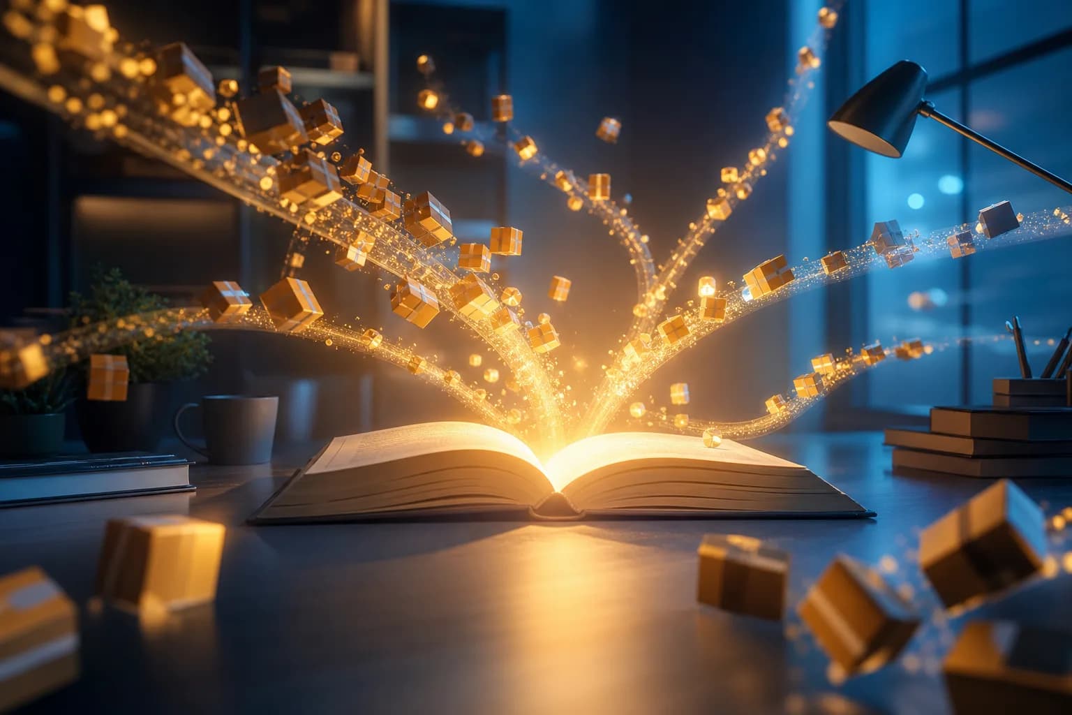 Een stroom van pakketvormige lichtdeeltjes die samenkomen in één geopend grootboek