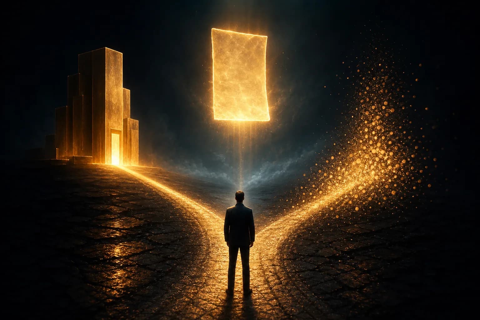 An invoice suspended above two branching paths of light