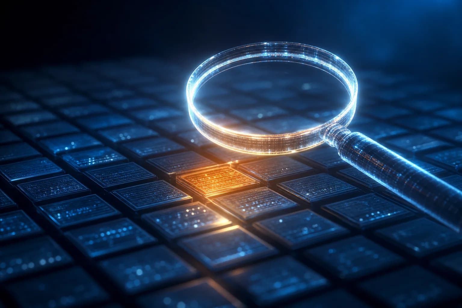 Une loupe lumineuse au-dessus d'une grille d'écritures de registre