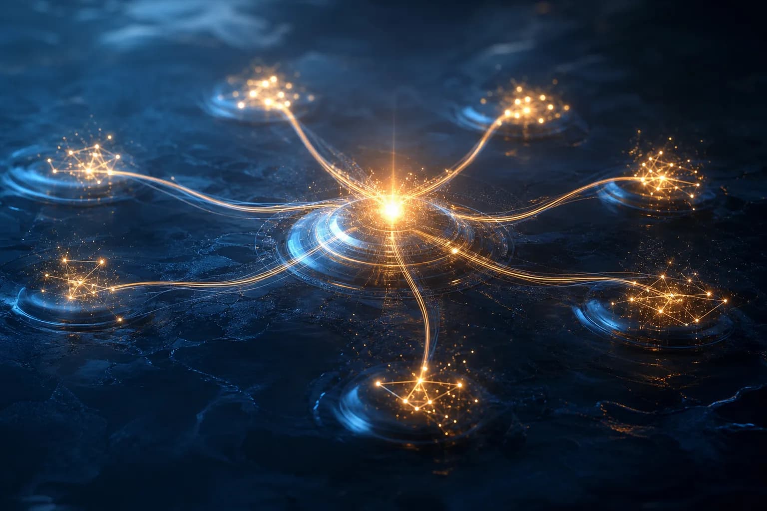Several small constellations of light converging into one central hub