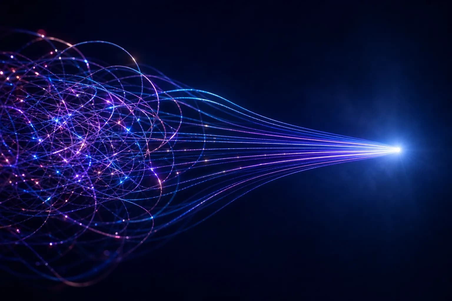 Tangled threads of light untangling into parallel lines converging on one point