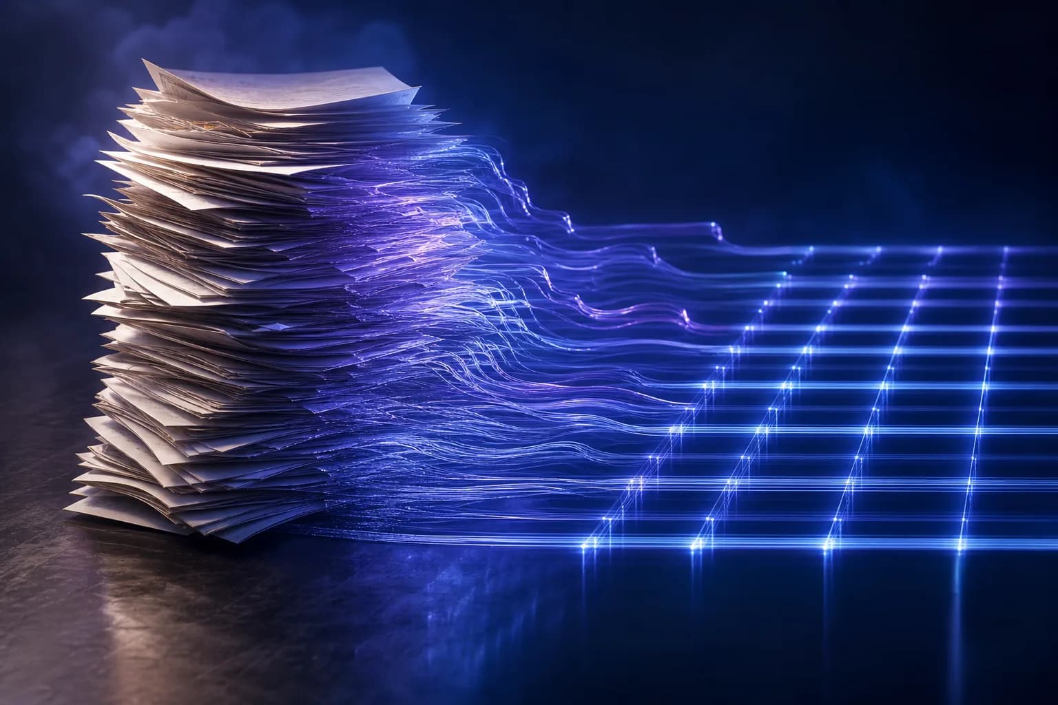 A dense processor statement resolving into a clean spreadsheet