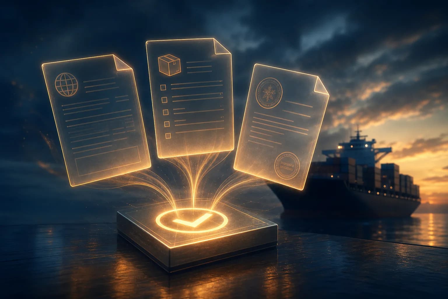 A commercial invoice, packing list and customs entry converging into one matched record