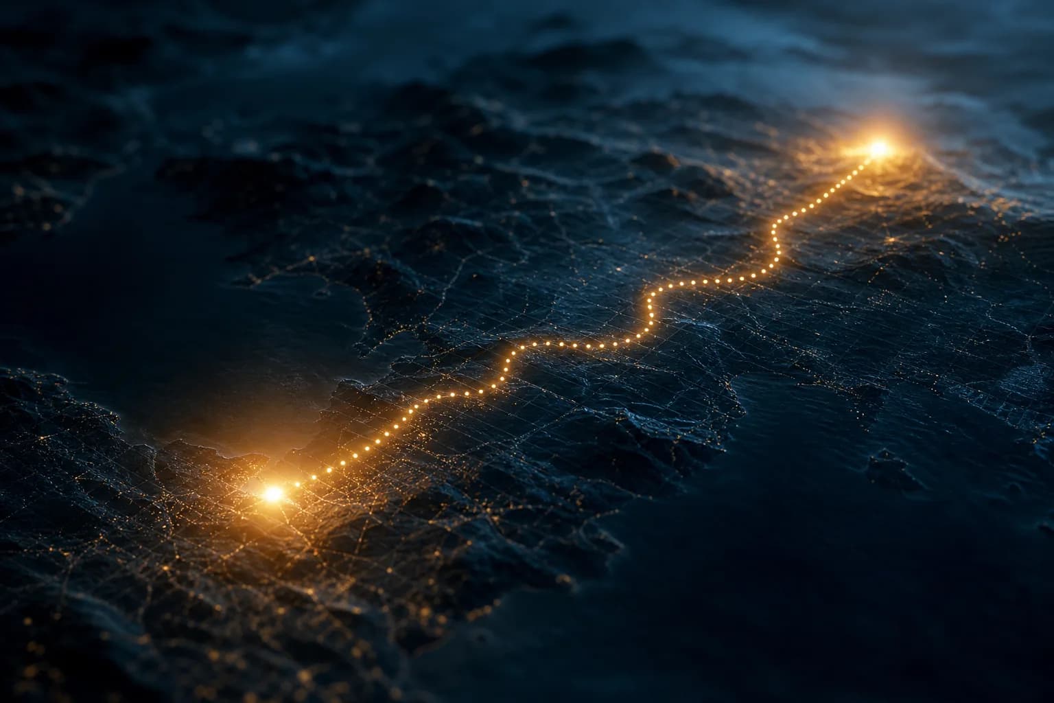 Un trajet lumineux en pointillés reliant deux points radieux sur une surface sombre