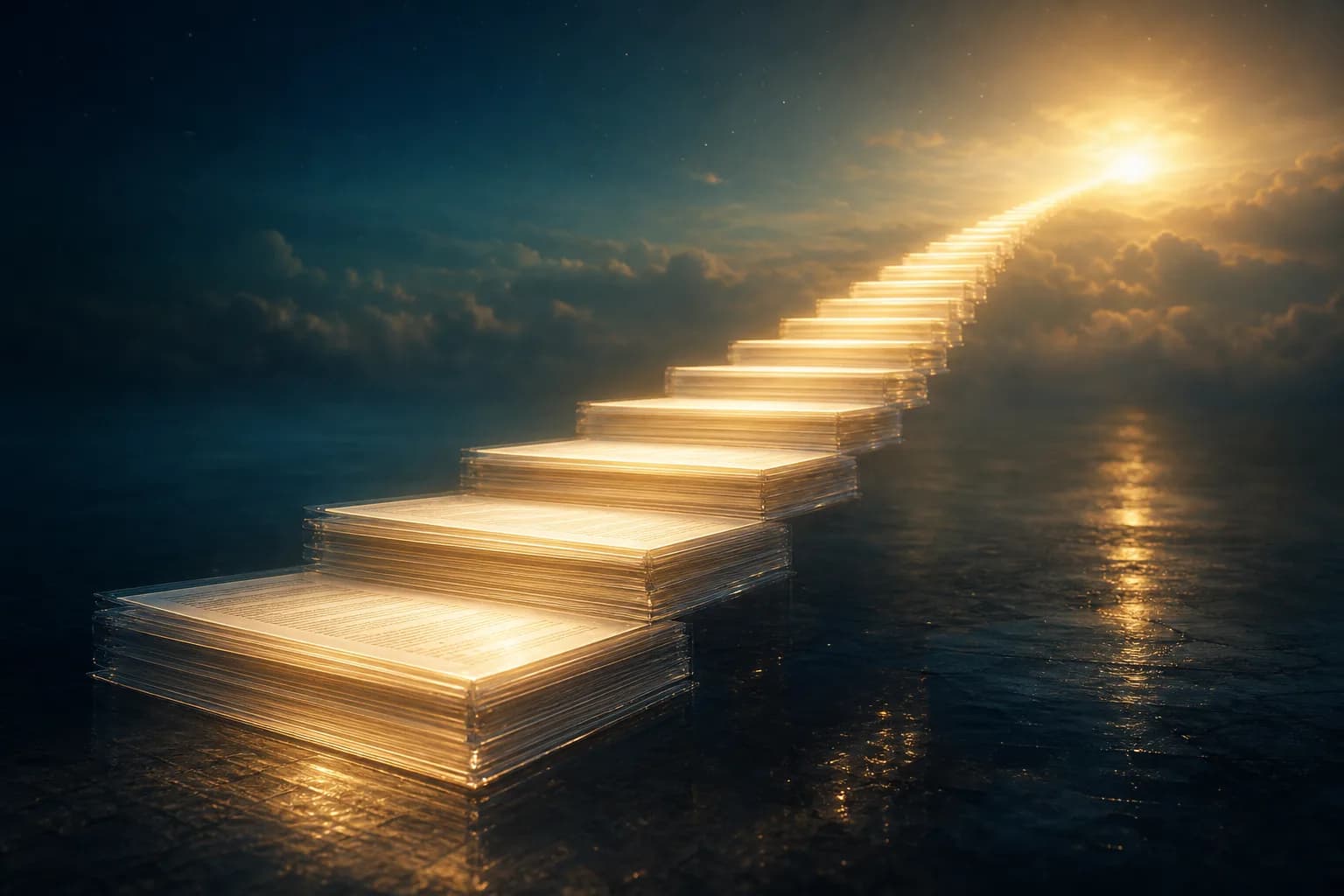 Una escalera de luz formada por documentos apilados