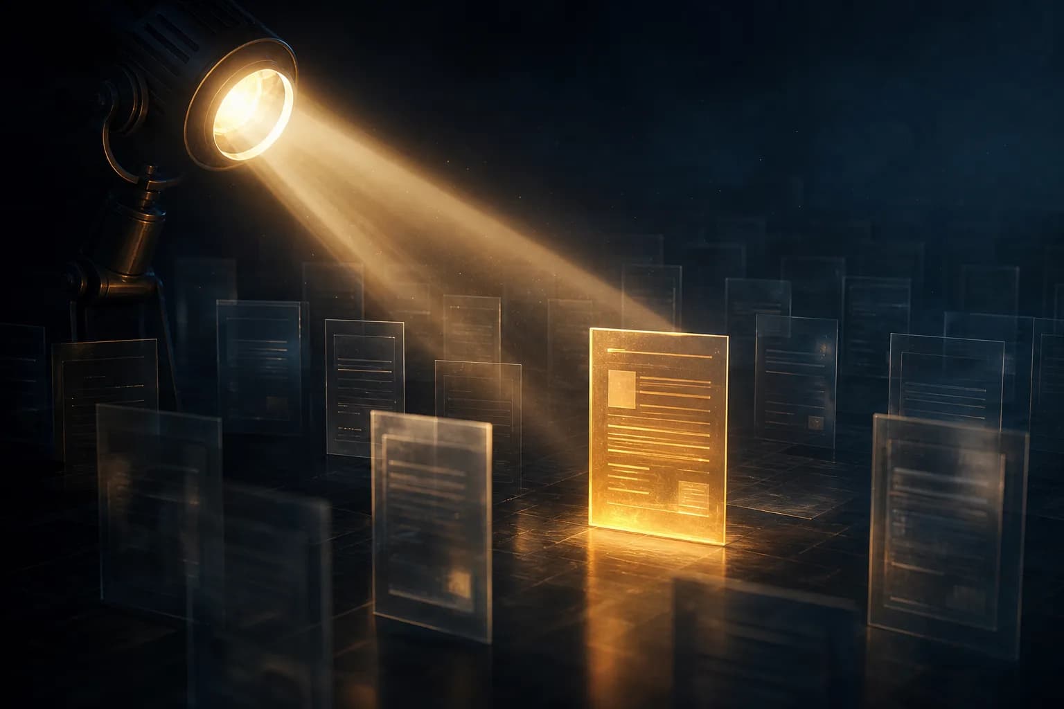 Un haz de luz recorriendo una fila de documentos