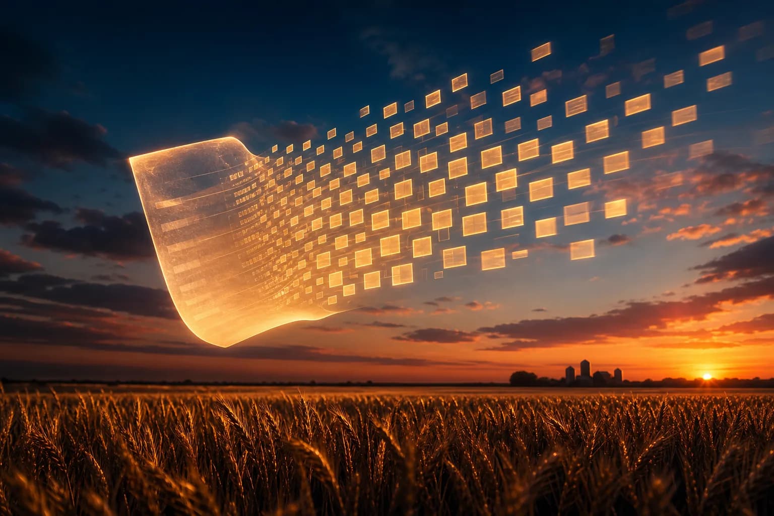 A farm bank statement resolving into organized, categorized rows over a wheat field