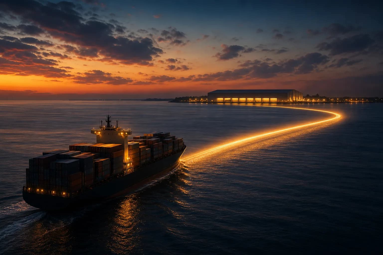 A cargo ship silhouette leaving a glowing arced trail toward a distribution warehouse