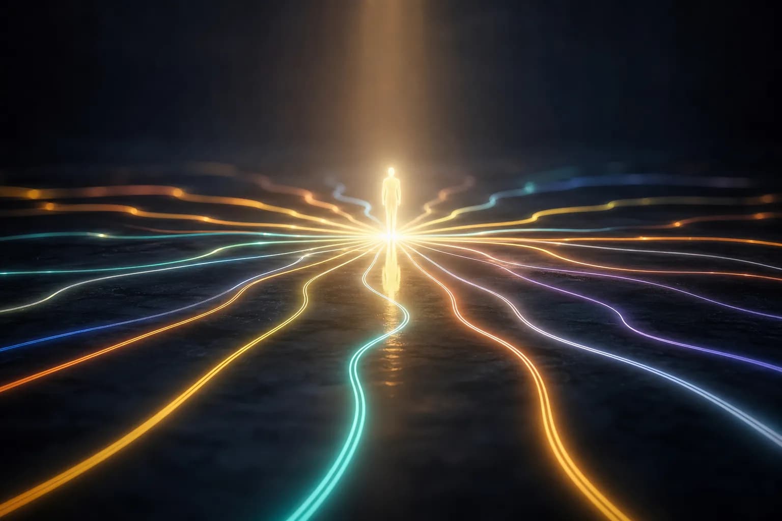 A calm silhouette standing where many converging paths of light meet