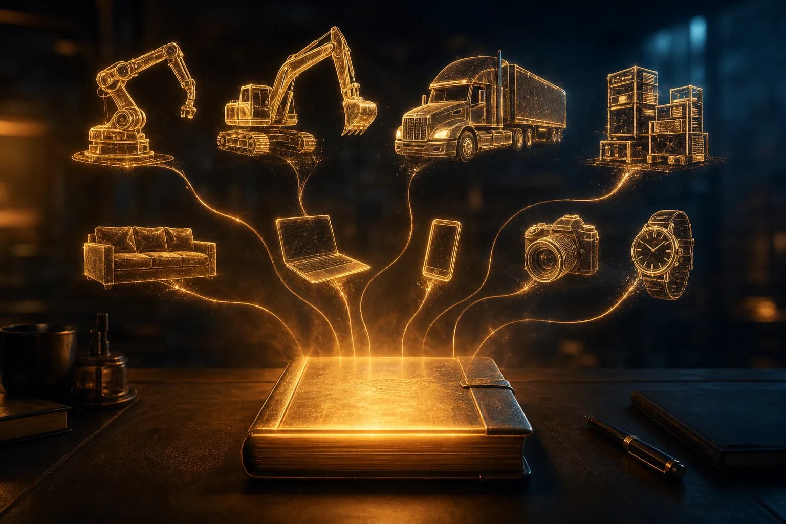 Glowing objects of different shapes connecting into one ledger