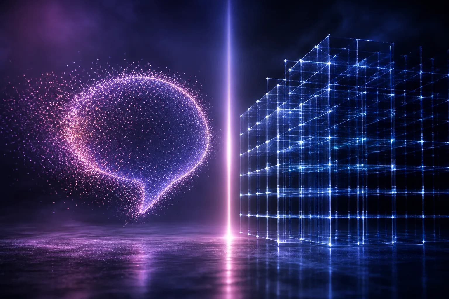 A conversational speech bubble of light facing a precise structured grid across a dividing beam