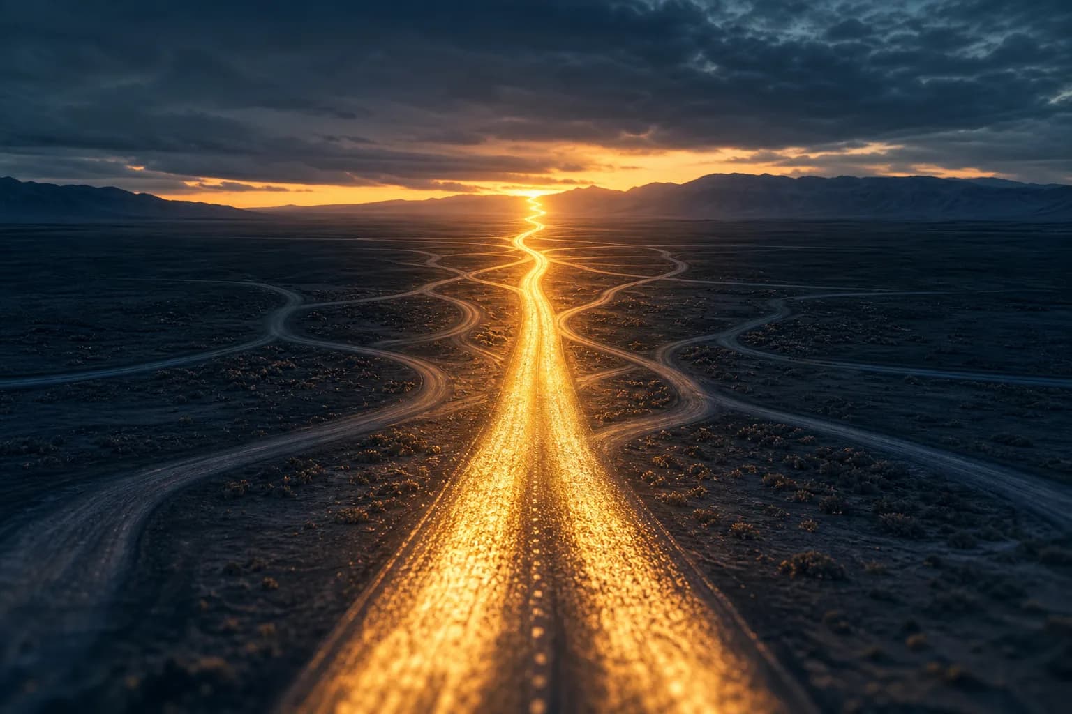 Des routes qui convergent vers un unique passage éclairé