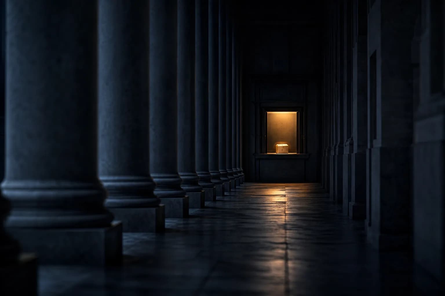 Une colonnade avec un unique guichet éclairé