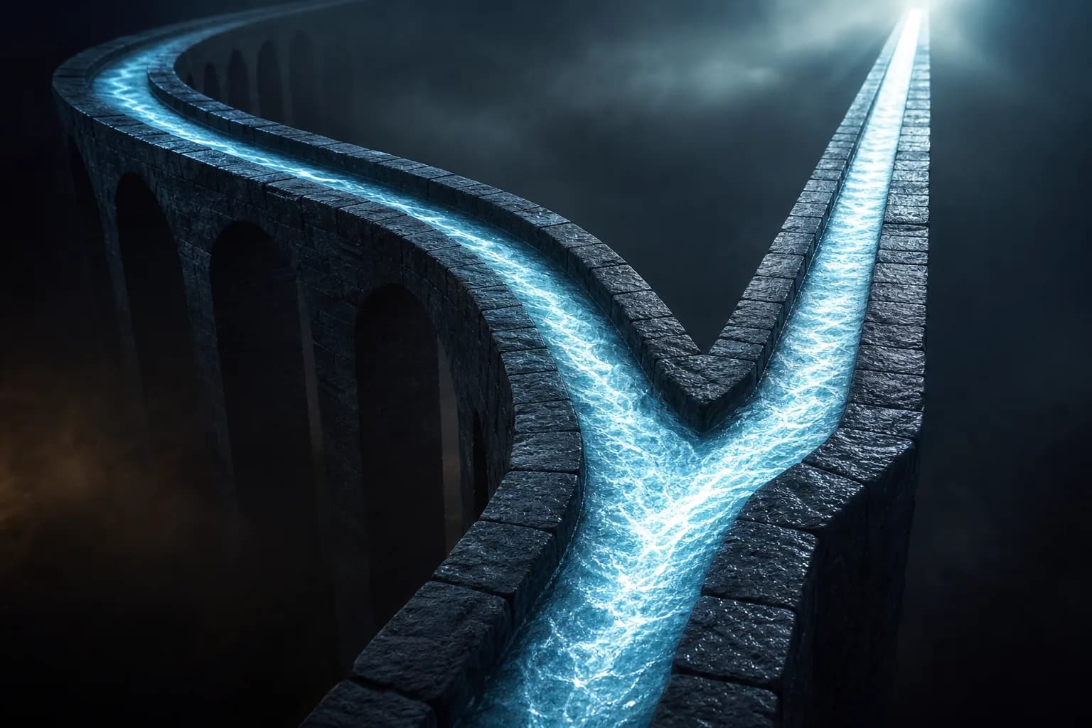 Un flux arrivant à une bifurcation entre deux canaux