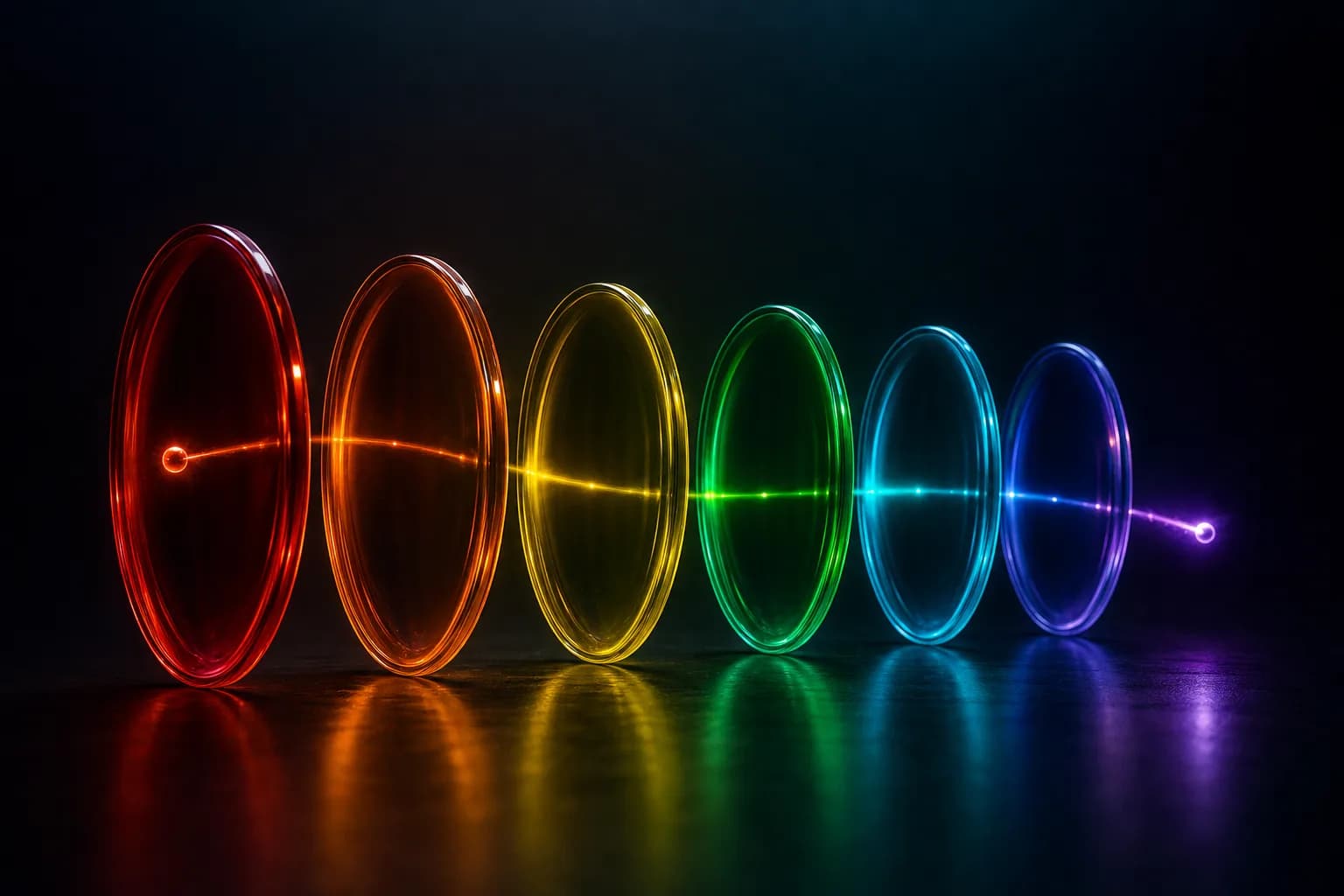 Un objet traversant une série de lentilles colorées