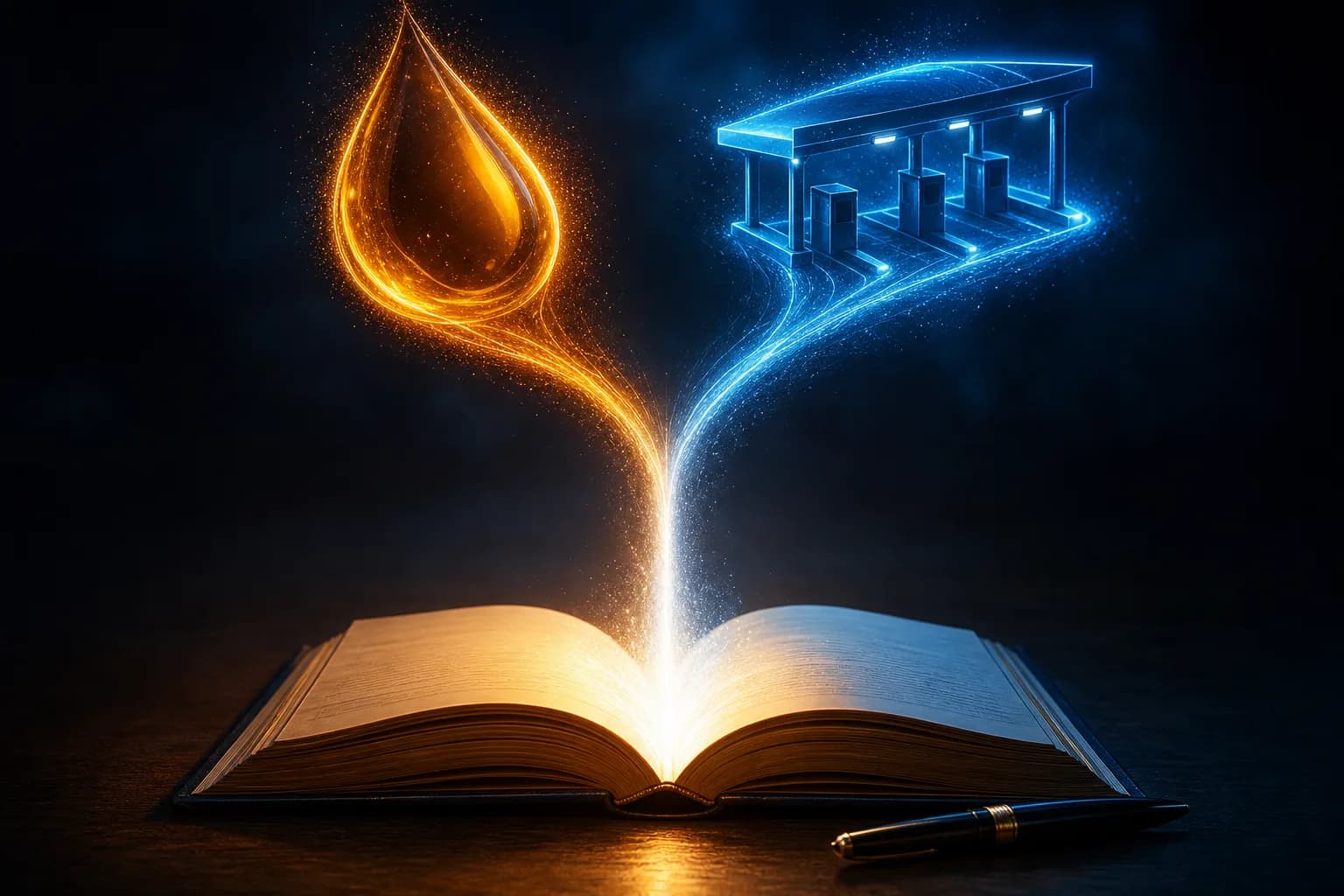 Deux flux lumineux distincts — une goutte de carburant et une barrière de péage — convergeant vers un registre