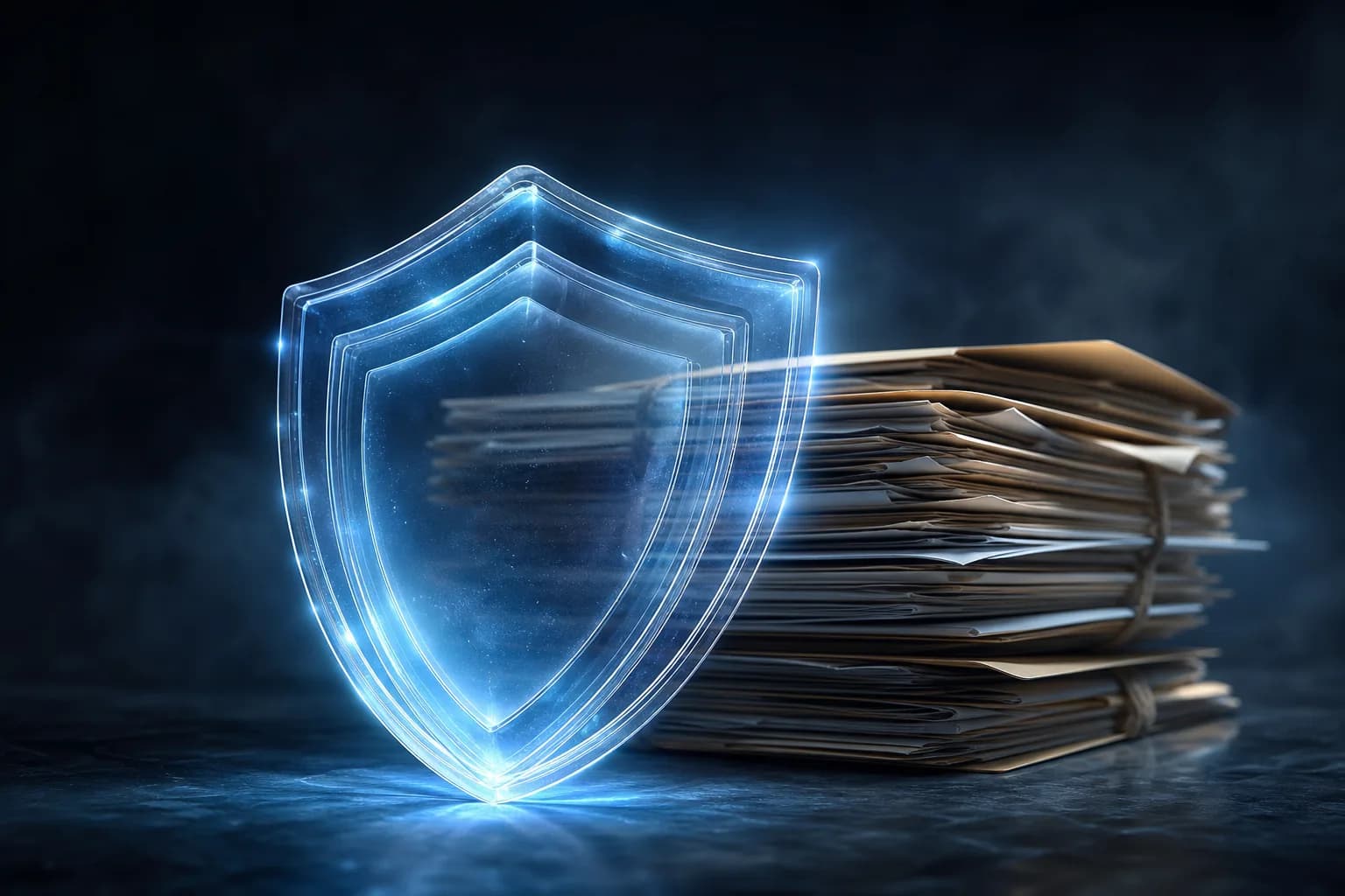 A translucent shield of light standing before a cluster of ledger documents