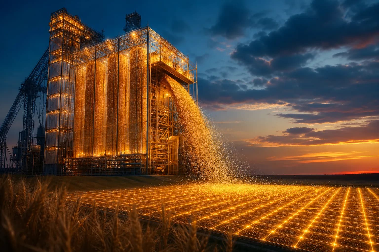 A cascade of grain elevator settlements resolving into one ordered season register