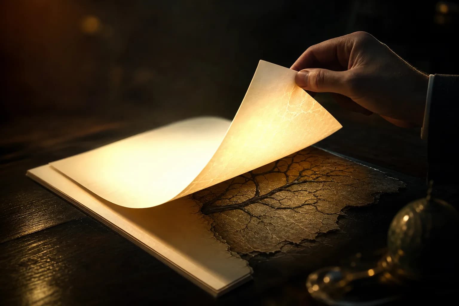 An ordinary-looking document splitting apart to reveal a hidden second layer