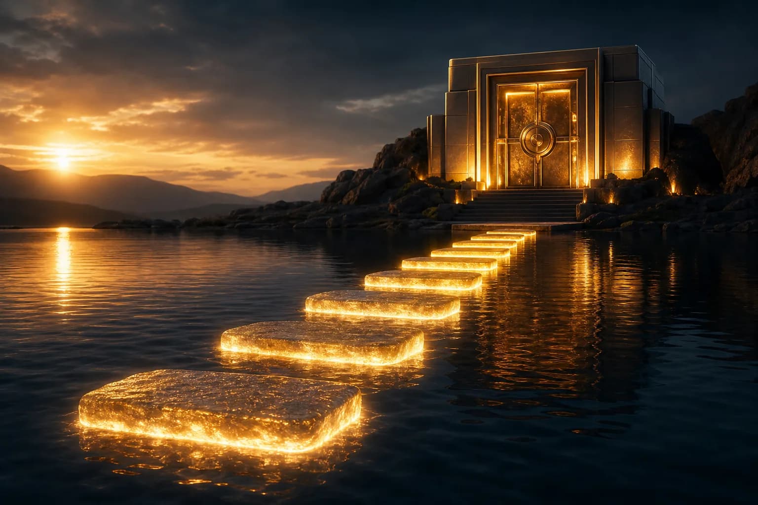 Stepping stones of light crossing toward an organized vault
