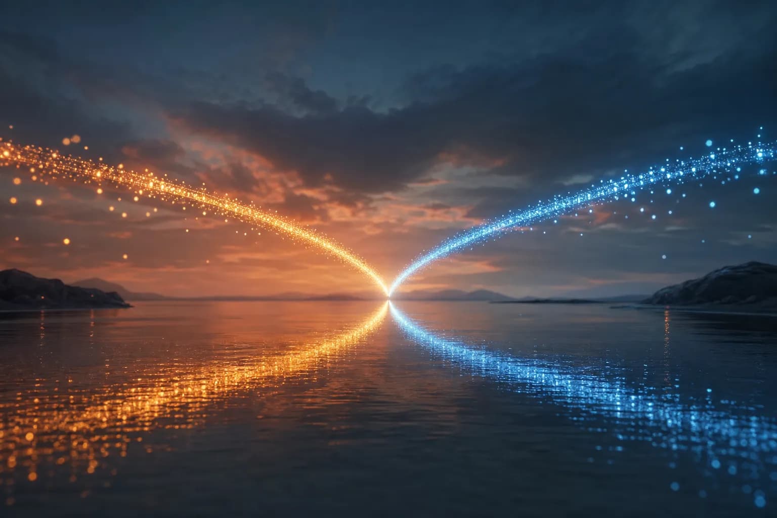 Two arcs of light curving toward each other and meeting at matching points
