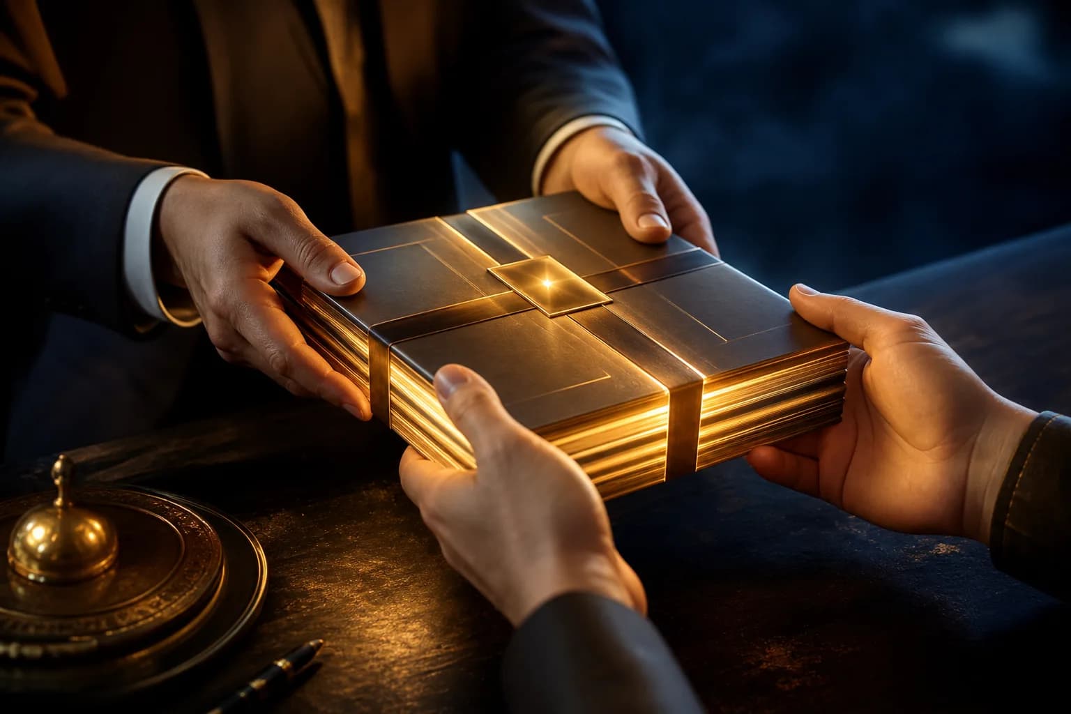 A complete, ordered pack of bank statements handed to an accountant