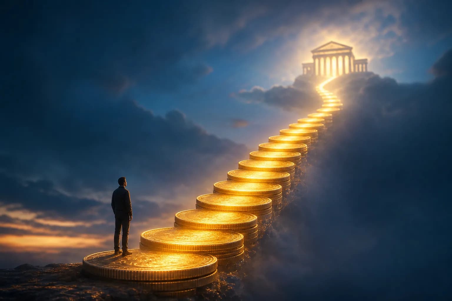 A staircase of light formed from stacked rent payment tokens