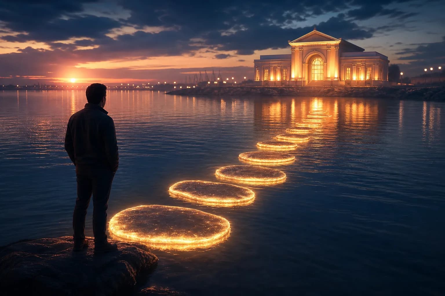 Glowing steps leading from a stack of entries toward a reconciled ledger