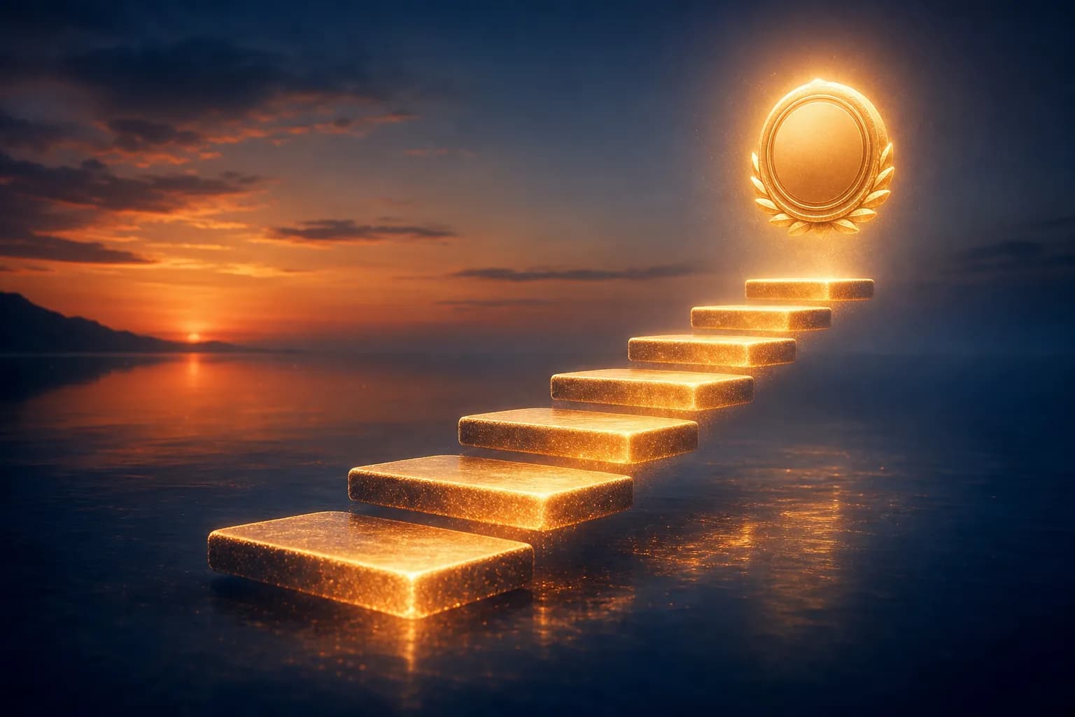 Stepping stones of light rising toward a glowing seal, as an image for a repeatable process