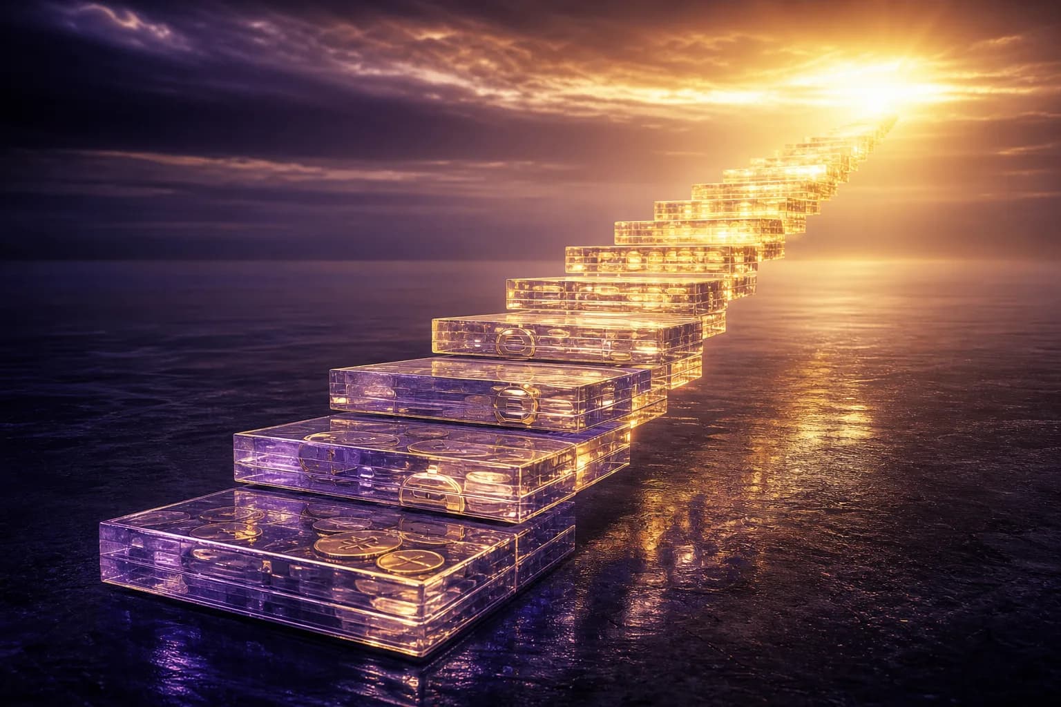 A staircase of light formed from stacked payment tokens