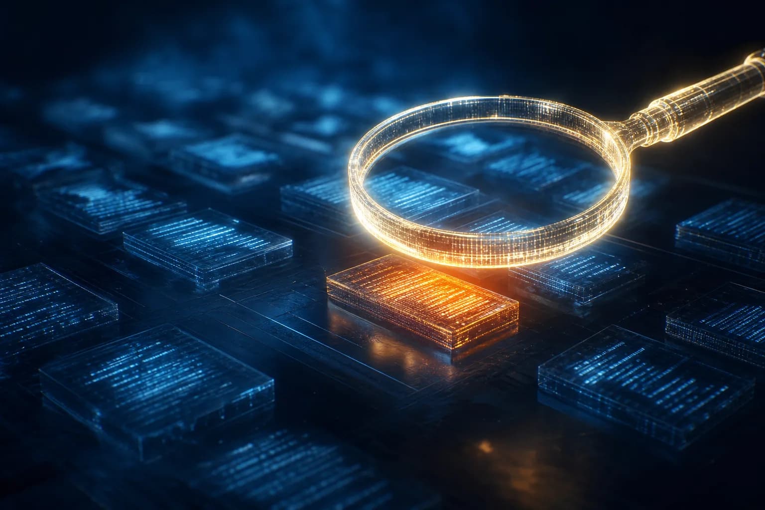 A magnifying glass of light hovering over a grid of glowing ledger entries