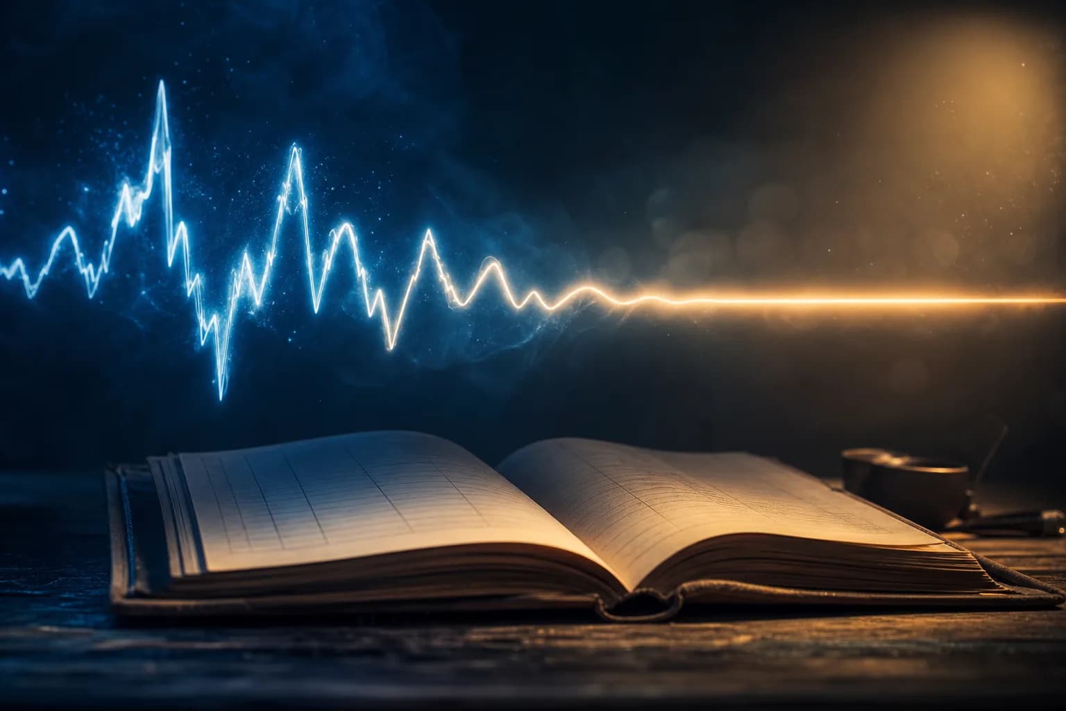A jagged pulse line smoothing into a calm, steady line above a ledger
