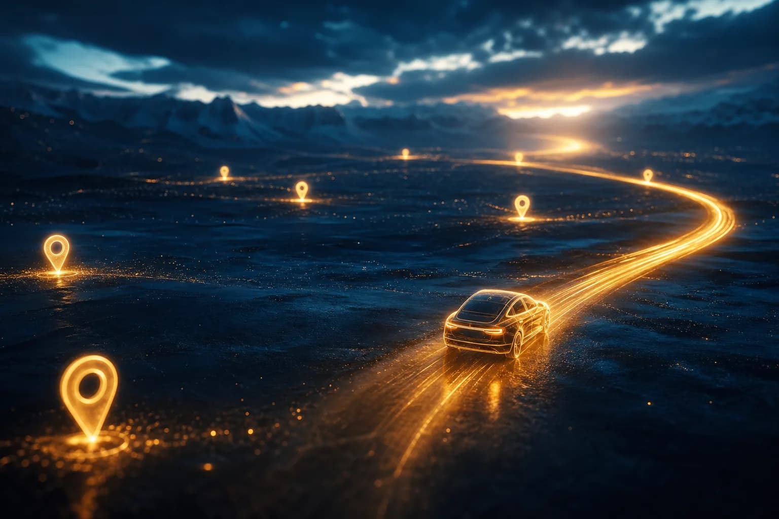 Une silhouette de voiture lumineuse laissant une traînée arquée sur un paysage sombre