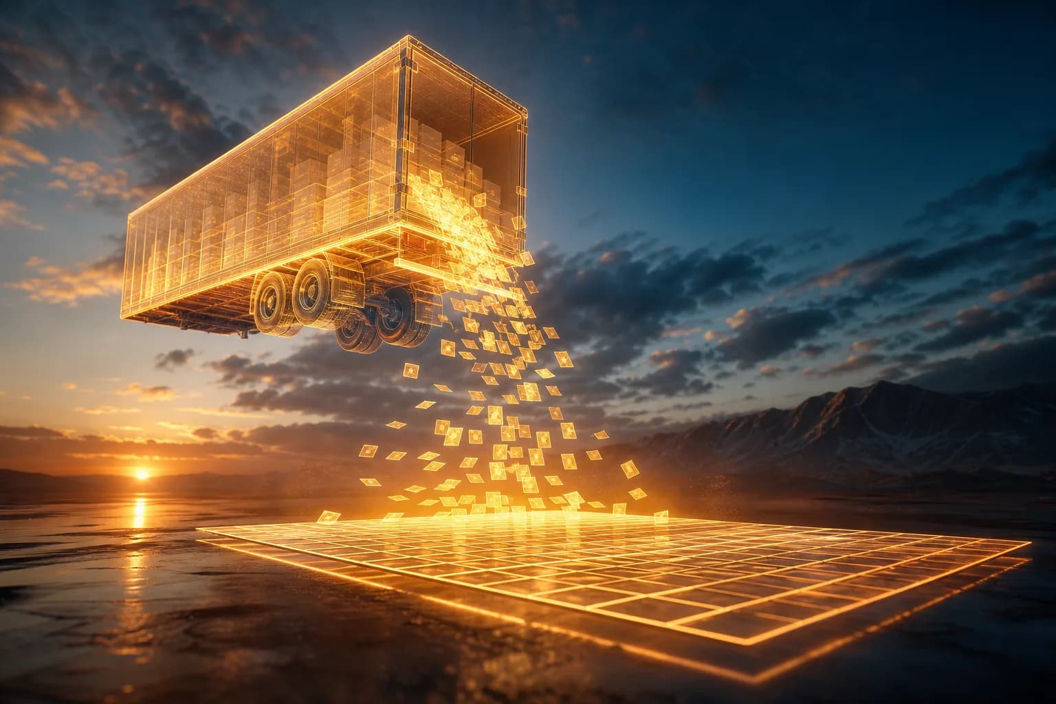 A cascade of trucking loads resolving into one ordered season register