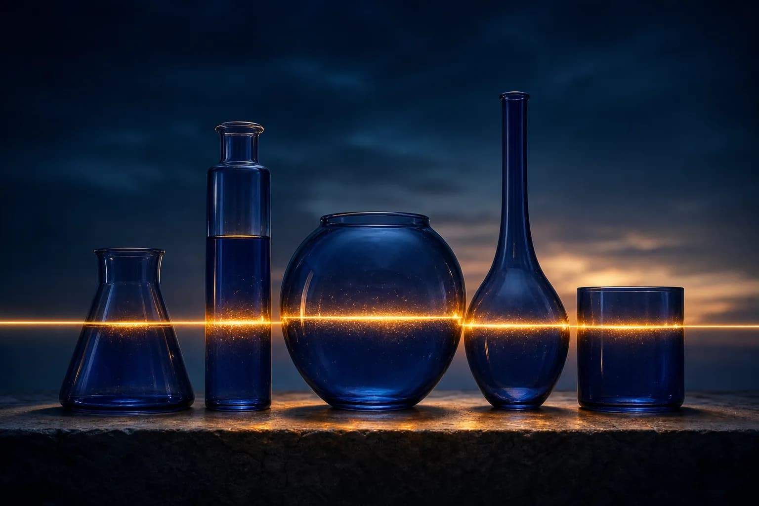 Vessels of different shapes with one common level shown through them