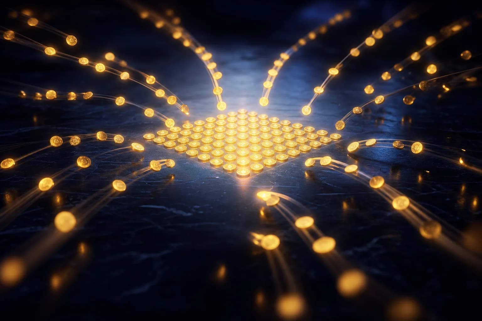 Many small payments flowing into an orderly grid, each finding its place