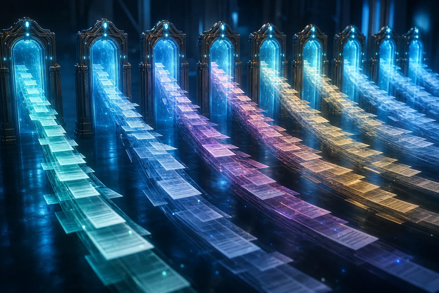 Many client document streams processed concurrently into structured results