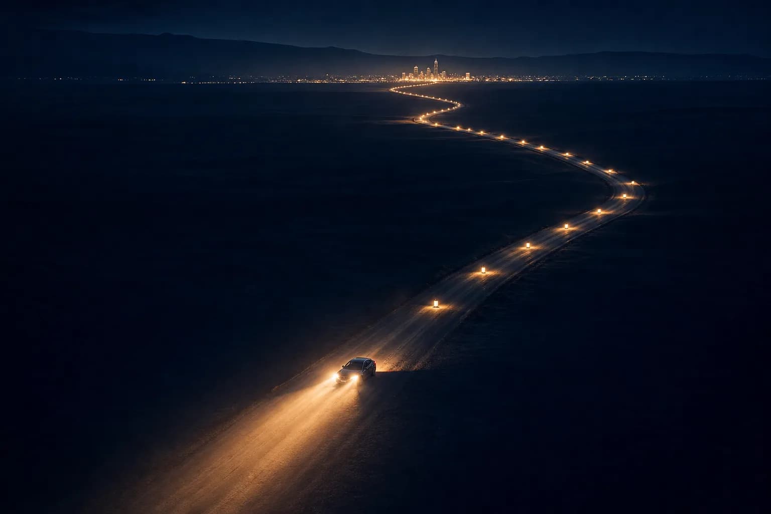 Een koplamp die een lange weg met markeringspunten verlicht