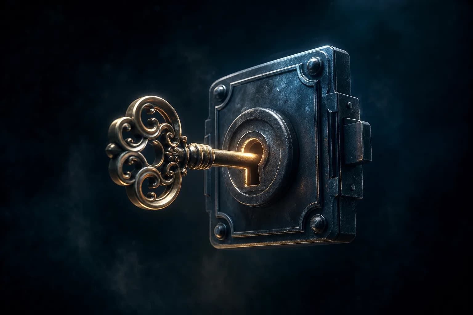 A key turning perfectly in a lock attached to nothing