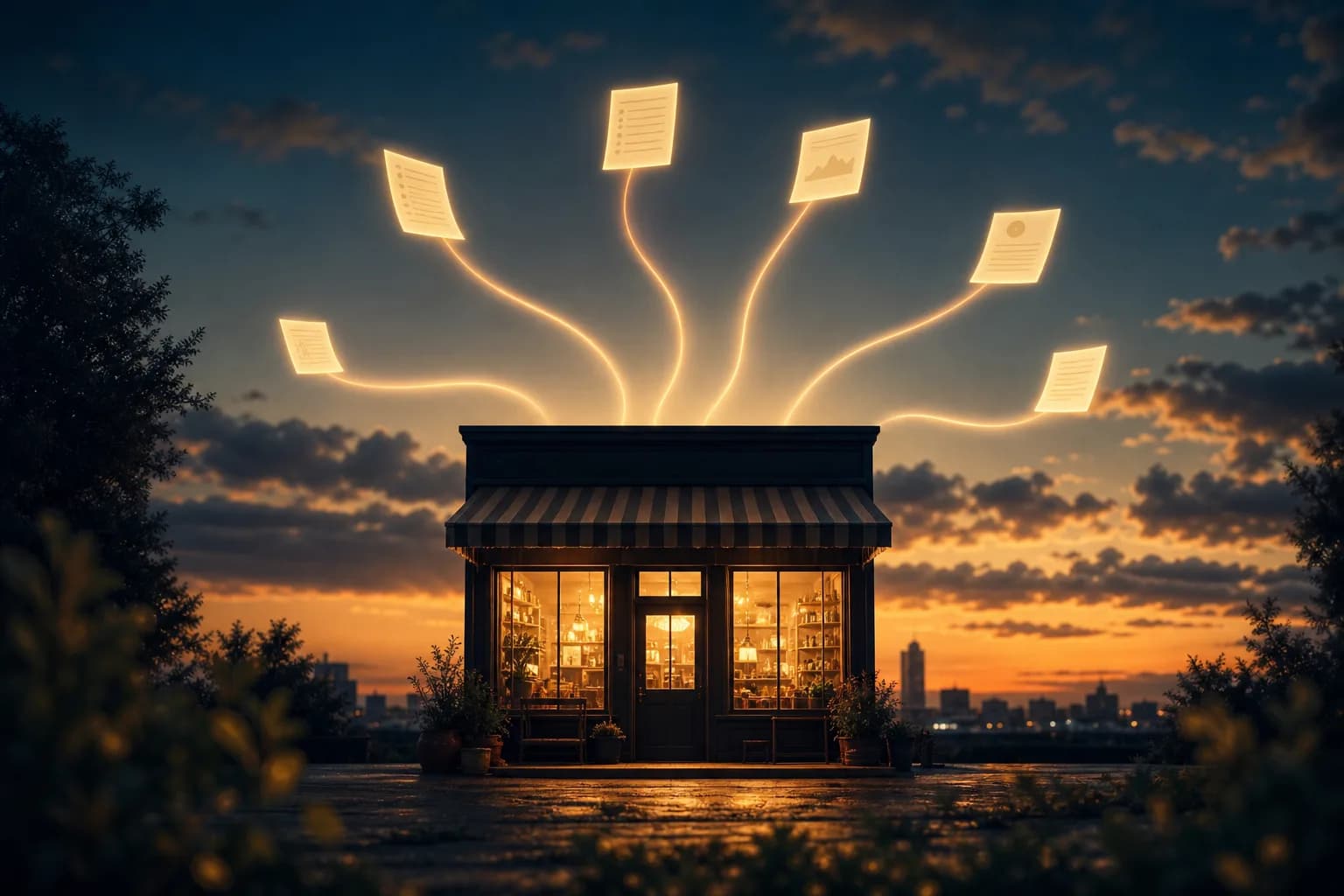 Une silhouette de petite entreprise lumineuse entourée de documents de paie organisés