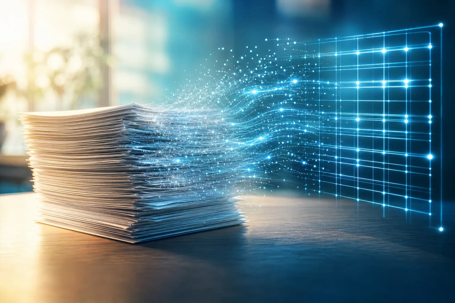 A stack of paper statements dissolving into a clean spreadsheet grid of light