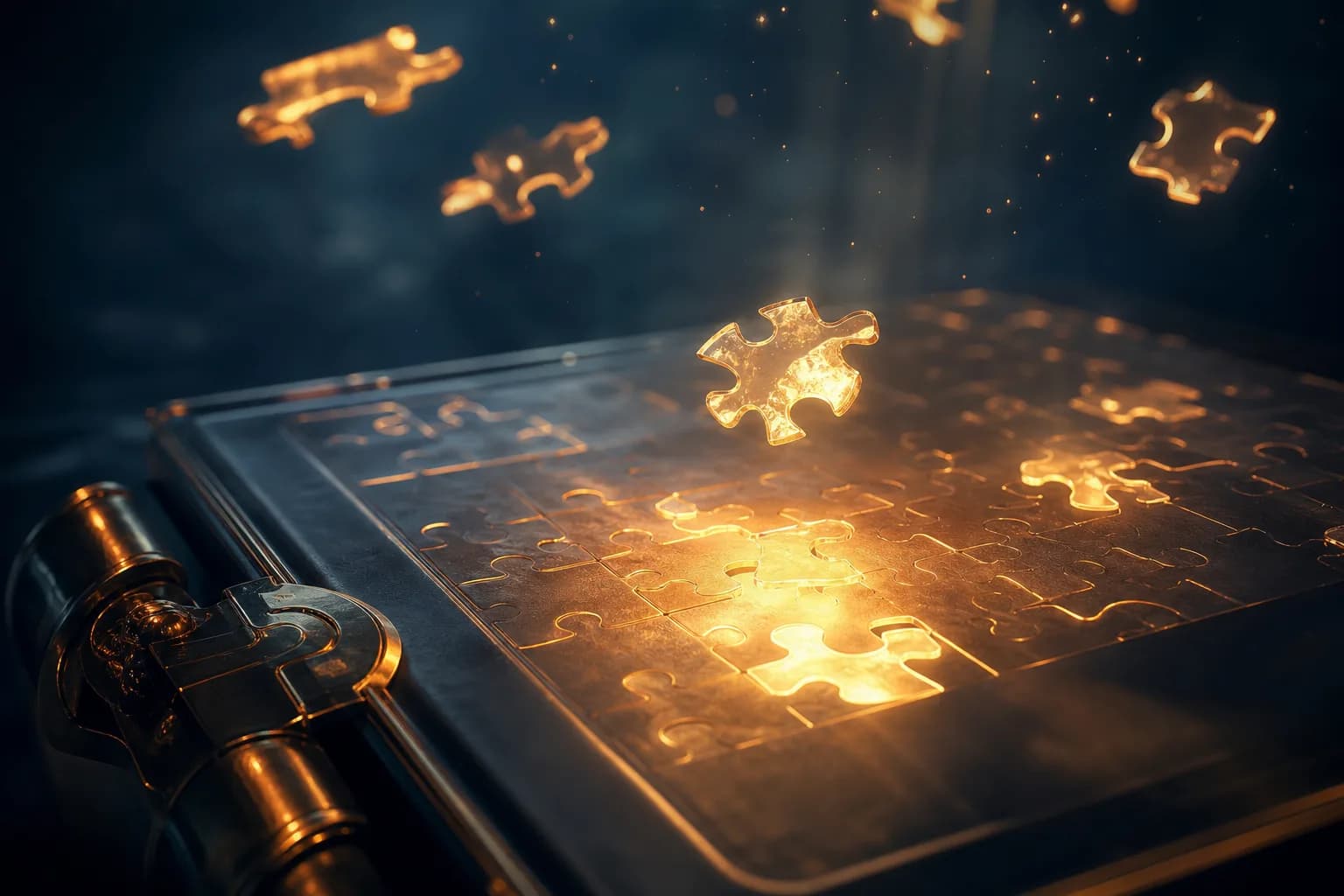 Small fragments of light clicking into matching slots on a ledger