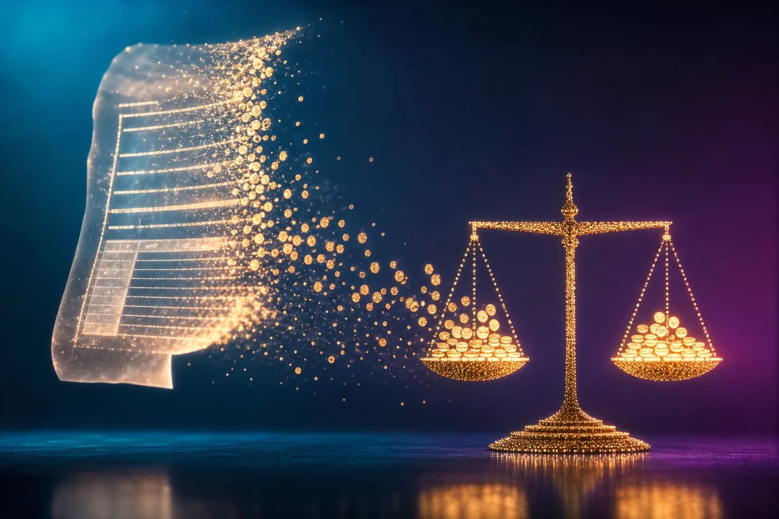 A scattered payout statement resolving into a perfectly balanced, structured settlement ledger