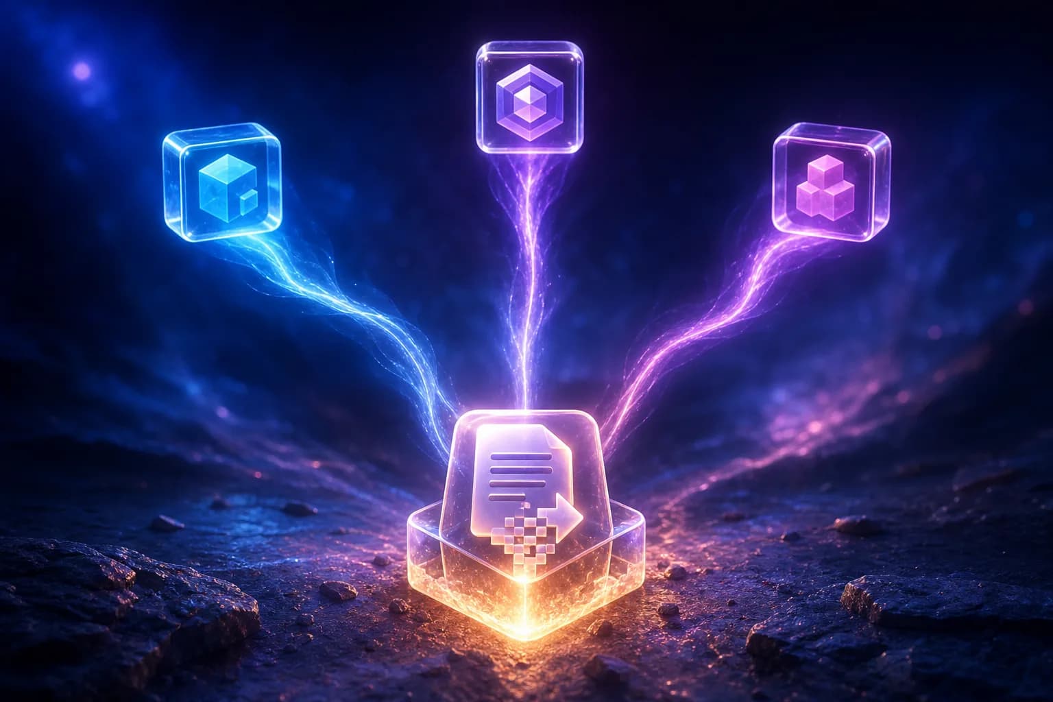 Three app-builder icons connected by light trails to one central document-to-data conversion core