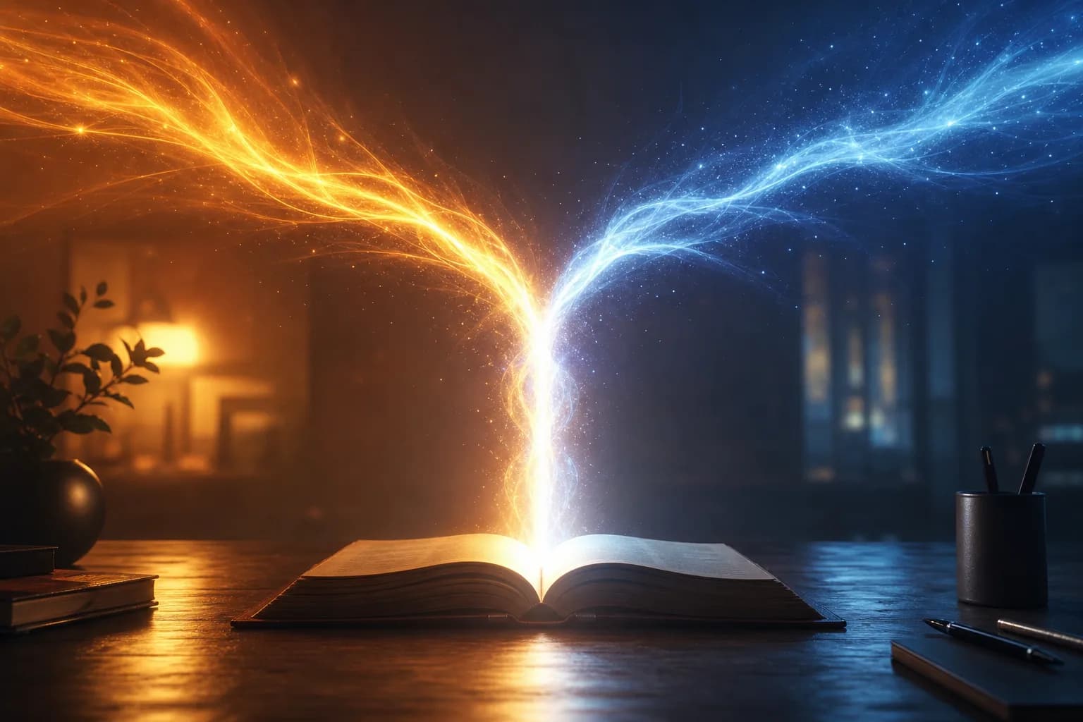 Two streams of light — billed and banked — merging into one steady figure