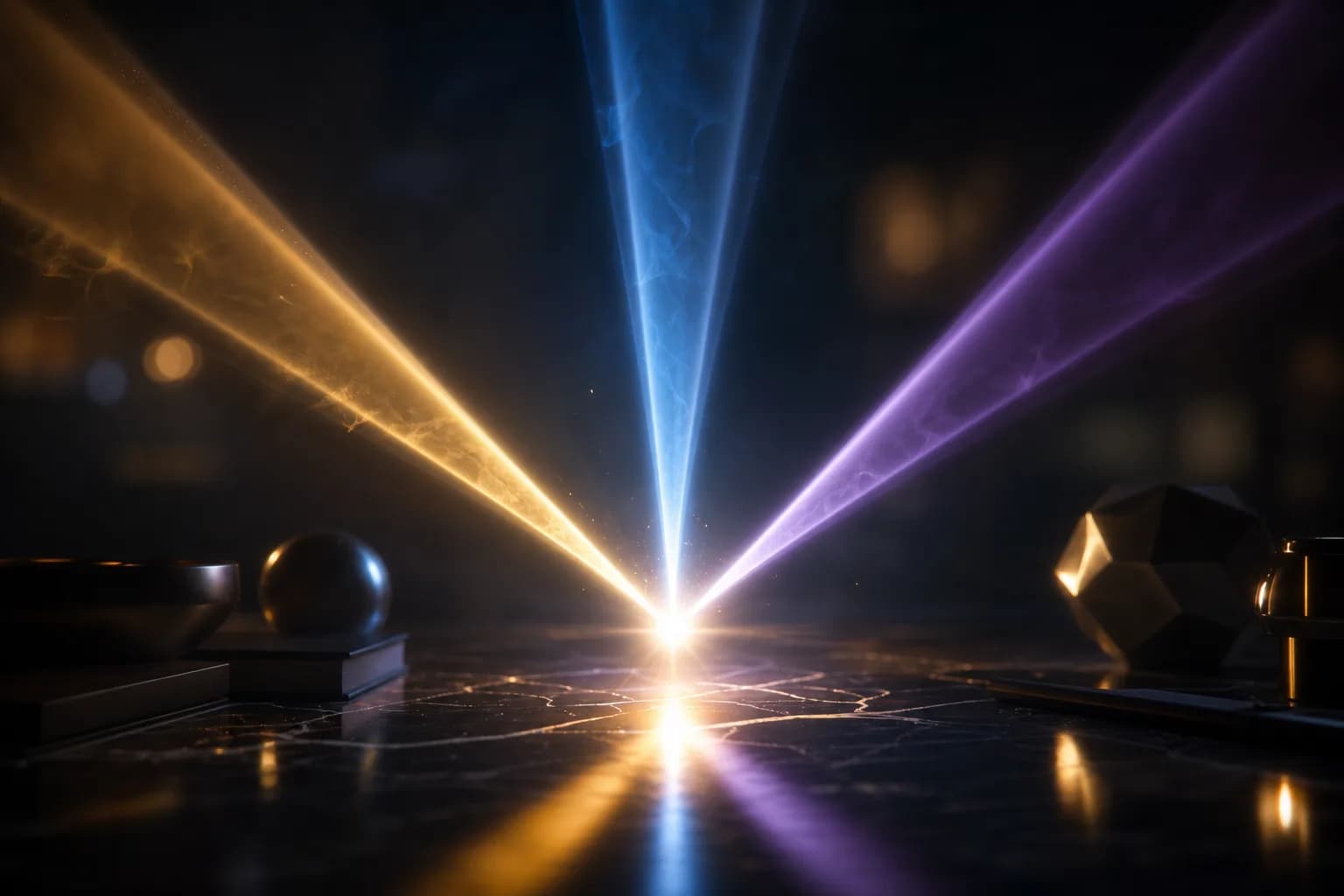 Trois signaux lumineux convergeant vers une ligne de virement identifiée sur une surface sombre