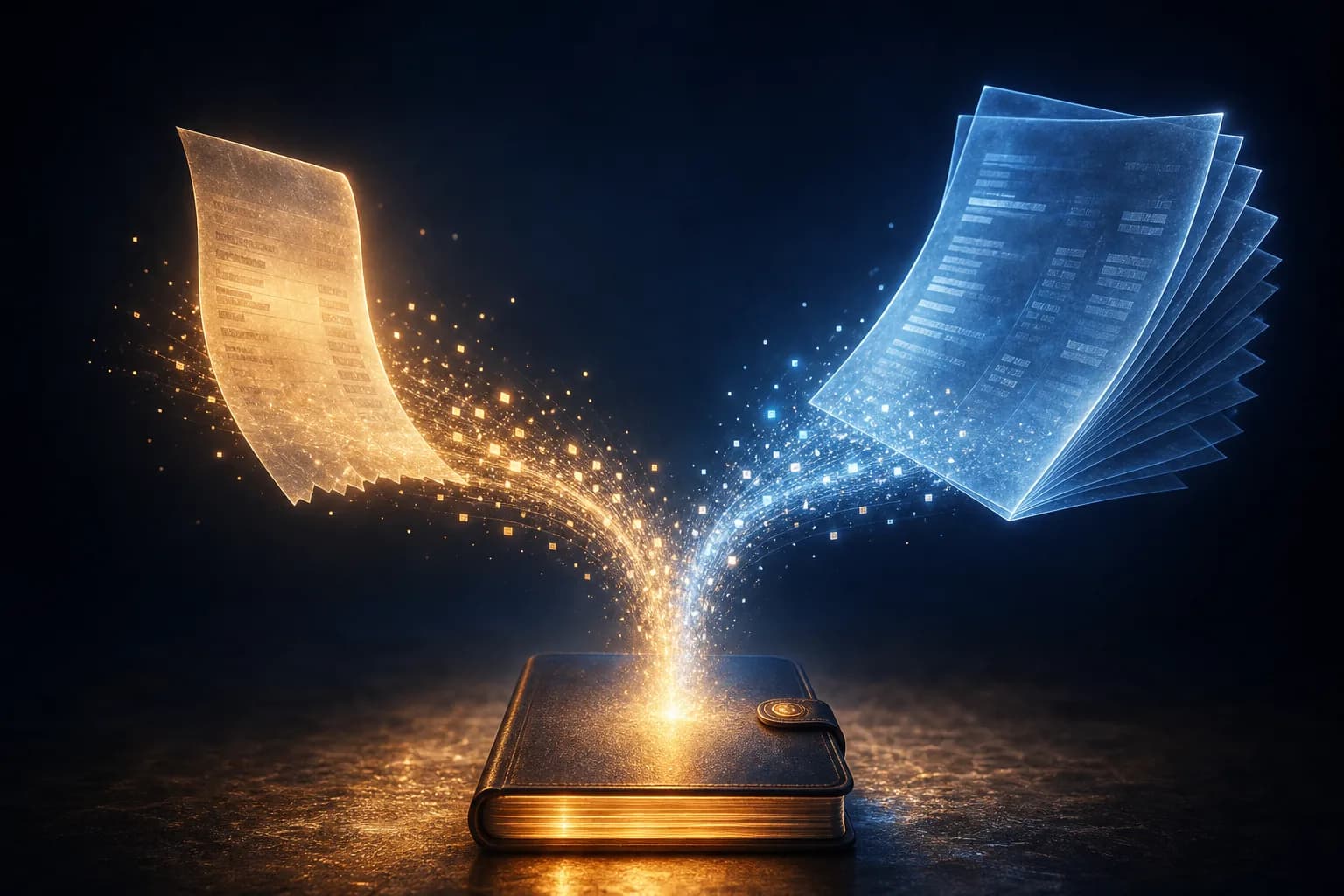 A receipt and a card statement both resolving into one structured data stream for an expense platform