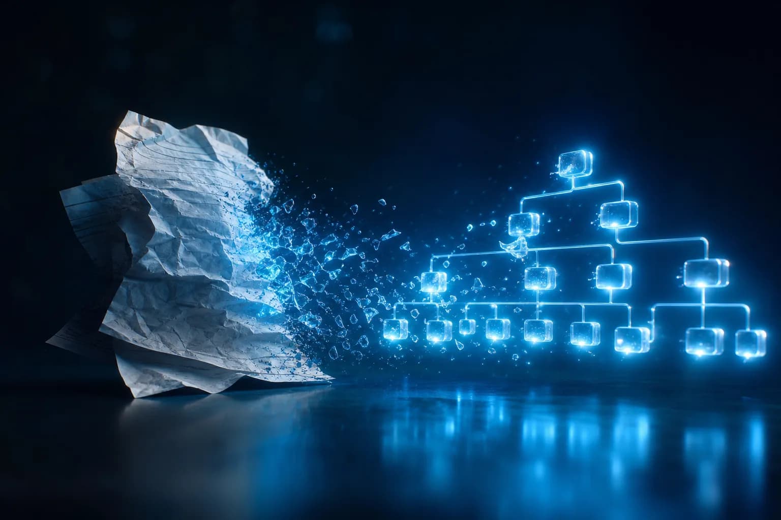 Un documento en bruto transformándose en una respuesta JSON estructurada con puntuaciones de confianza