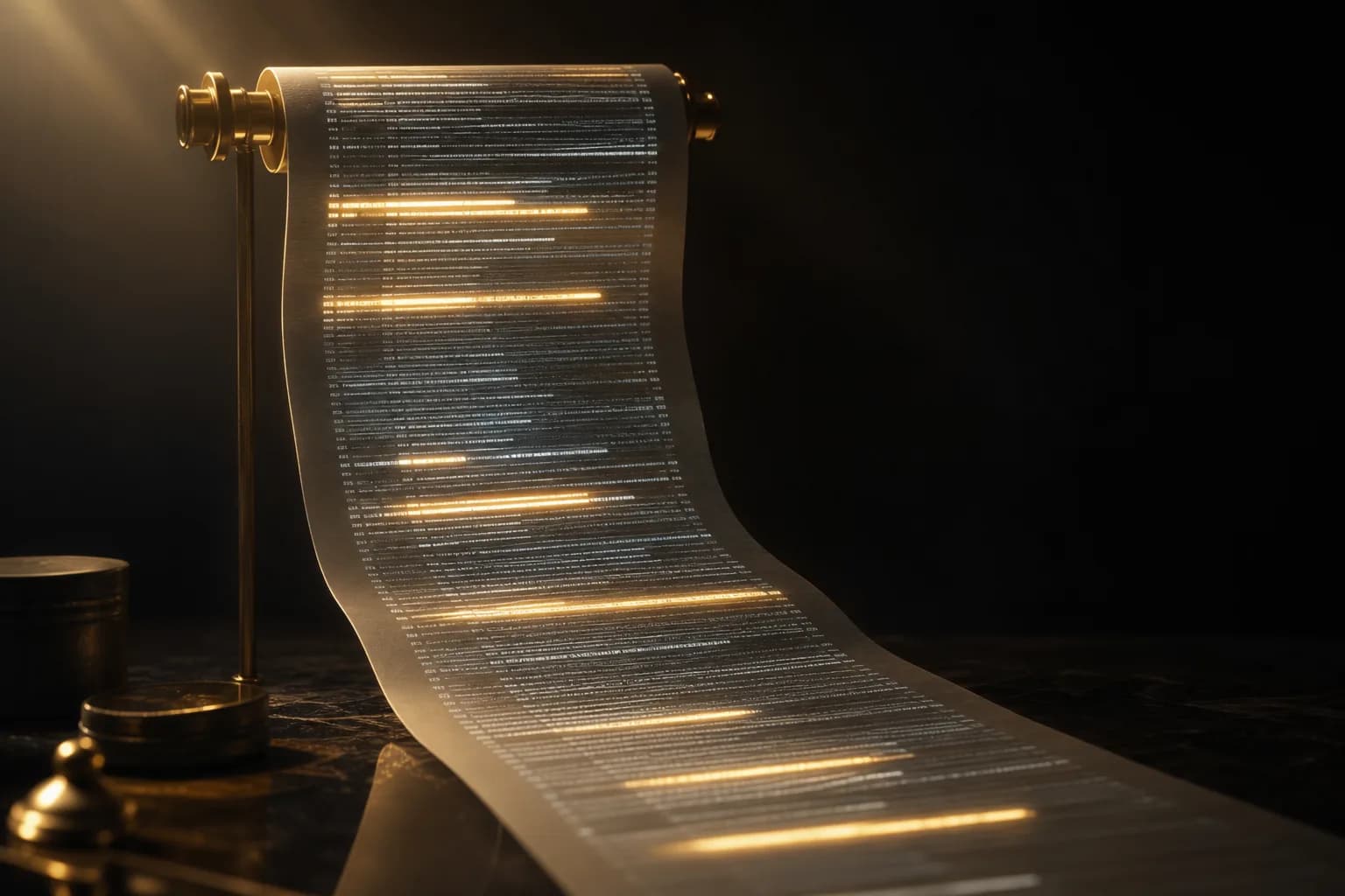 Des lignes lumineuses de virement de salaire isolées d'un relevé bancaire dense sur une surface sombre