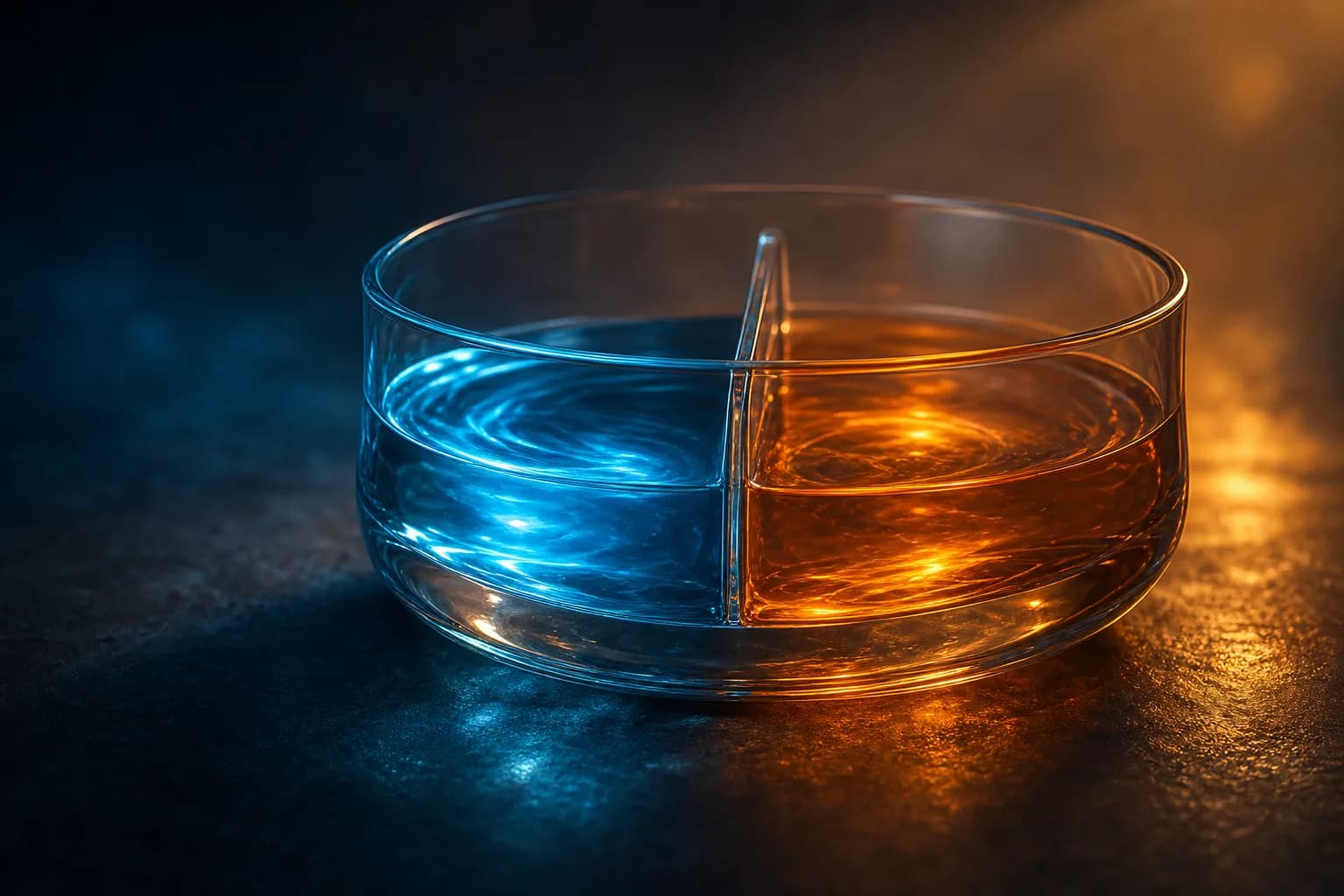 A vessel of glowing liquid light cleanly divided by a translucent partition